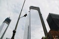 World Trade Center. Closeup view of unfinished buildings. White clouds background. September 2012. New York.