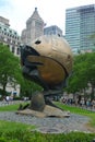 The World Trade Center Sphere damaged by the events of September 11 placed in Battery Park