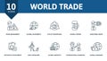 World Trade icon set. Collection contain development solution, risks management, global economics, eye of providence