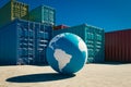 World trade related concept background with globe and import and export containers, 3d rendering Royalty Free Stock Photo
