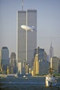 World Trade Towers with Good Year Blimp in foreground, New York City, NY Royalty Free Stock Photo