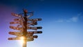 World traffic signpost with signs pointing to famous world places