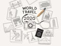World travel 2020 concept. Camera and famous landmarks photo picture drawing style
