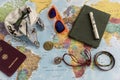 World travel concept with objects on top of map Royalty Free Stock Photo
