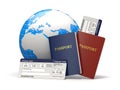 World travel. Earth, airline tickets and passport. 3d