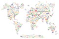 World Travel Line Icons Map. Travel Poster with animals and sightseeing attractions. Inspirational Vector Illustration.