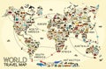 World Travel Line Icons Map. Travel Poster with animals and sightseeing attractions. Royalty Free Stock Photo