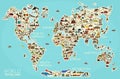 World Travel Line Icons Map. Travel Poster with animals and sightseeing attractions. Royalty Free Stock Photo