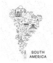 World Travel Line Icons South America Map. Travel Poster with animals and sightseeing attractions. Inspirational Vector