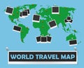 World travel map with photo frames and pins. Journey concept design