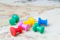 World travel, tourism, city and landsmark selection or vacation planning, various color of big thumbtack or pushpin on vintage Royalty Free Stock Photo