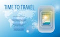 World travel and tourism concept. Banner of a plane portholes in tourism theme. Travel agency advertisement airplane