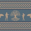 World Tree, first people and flying raven. Knitted seamless celtic national ornament Royalty Free Stock Photo