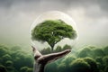 World and tree in human hand on nature background.