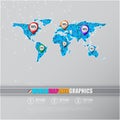 World triangular blue map with tags, points and location icons.
