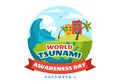 World Tsunami Awareness Day Vector Illustration on 5 November with Waves Hitting Houses and Building Landscape in Flat Cartoon