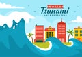 World Tsunami Awareness Day Vector Illustration on 5 November with Waves Hitting Houses and Building Landscape in Flat Cartoon