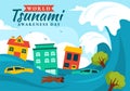 World Tsunami Awareness Day Vector Illustration on 5 November with Waves Hitting Houses and Building Landscape in Flat Cartoon