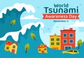 World Tsunami Awareness Day Vector Illustration on 5 November with Waves Hitting Houses and Building Landscape in Flat Cartoon