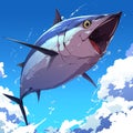 World Tuna Day Illustration with Tuna on sky Background, anime style