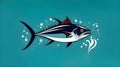 World Tuna Day May 2. Ocean Day June 8. Vector art of sea tuna isolated on blue background with copy space. Tuna can label