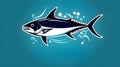 World Tuna Day May 2. Ocean Day June 8. Vector art of sea tuna isolated on blue background with copy space. Tuna can label