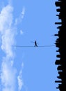 In a world turned sideways a man walks a tightrope from clouds to a city below