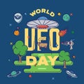 World UFO Day Abstract Vector Greeting Card Label Template. Alien Spaceship Cow Abduction Flat Graphics Illustration Royalty Free Stock Photo