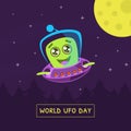 World UFO Day Banner with Cute Alien Character in Spaceship Vector Illustration Royalty Free Stock Photo