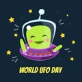 World UFO Day Banner Template with Cute Funny Alien in Spaceship Vector Illustration Royalty Free Stock Photo