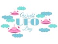 World UFO Day. Paper clouds and flying saucer UFO in the clouds. Flying saucer. UFO icon. Royalty Free Stock Photo