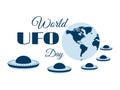 World UFO Day, planet and spaceship. Flying saucer. UFO icon vector. Royalty Free Stock Photo