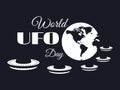 World UFO Day, planet and spaceship. Flying saucer. UFO icon. Royalty Free Stock Photo