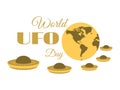 World UFO Day, planet and spaceship. Flying saucer. UFO icon Royalty Free Stock Photo