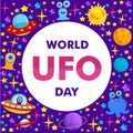 World Ufo Day. Vector illustration of a ufo plane, a flying saucer, with the planet Saturn and humanoids. You can apply it to a Royalty Free Stock Photo