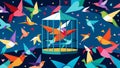 A World Unbound A largescale installation featuring hundreds of colorful origami birds flying out of a cage representing Royalty Free Stock Photo