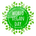 World vegan day badge, emblem, sticker, flyer