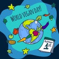 World vegan day concept background, hand drawn style