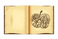 World Vegan Day. Lettering handmade with the name of the event inscribed in the apple. Imitation of a drawing in the old book