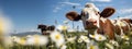 World Vegan Day 1 November. Happy Cow chewing grass on the green lawn, Love animals, eat vegetable not meat for healthy life Royalty Free Stock Photo