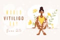 World Vitiligo day. Beautiful black woman with Vitiligo on floral background. Vector illustration in flat cartoon style