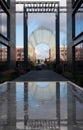 World War 1 airship hangar on original Farnborough Airfield site, now Farnborough Business Park, reflected in pool of water