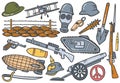 World war 1 doodle hand drawn set collections with flat outline style