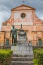 World War I memorial with statue of Apollo holding Minerva in front of the Chiesa Matrice Nuova in Castelbuona