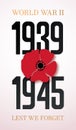 World War II commemorative poster with poppy flower. May 8th. Remembrance day. Vector illustration. Anzac Day. Red Poppy flower.