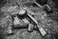 World War II German Wehrmacht Soldier Ammunition Of World War II On Ground. WWII Military Helmet, Lights, Rifle Mauser