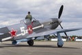 World War II Soviet fighter Yakovlev Yak-3 on runway at the CIAF - Czech international air fest on September 5, 2015 in Hradec Royalty Free Stock Photo