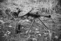 World War II Soviet Red Army Weapon. Degtyaryov DP Machine Gun On Ground. WWII WW2 Russian Ammunition. Photo In Black