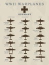 World War II warplanes in silhouette line illustrations by countries, America, Great Britain, Germany, Japan Royalty Free Stock Photo