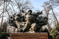 World War 2 Memorial with a sculpture of soldiers in a park in Kazakhstan